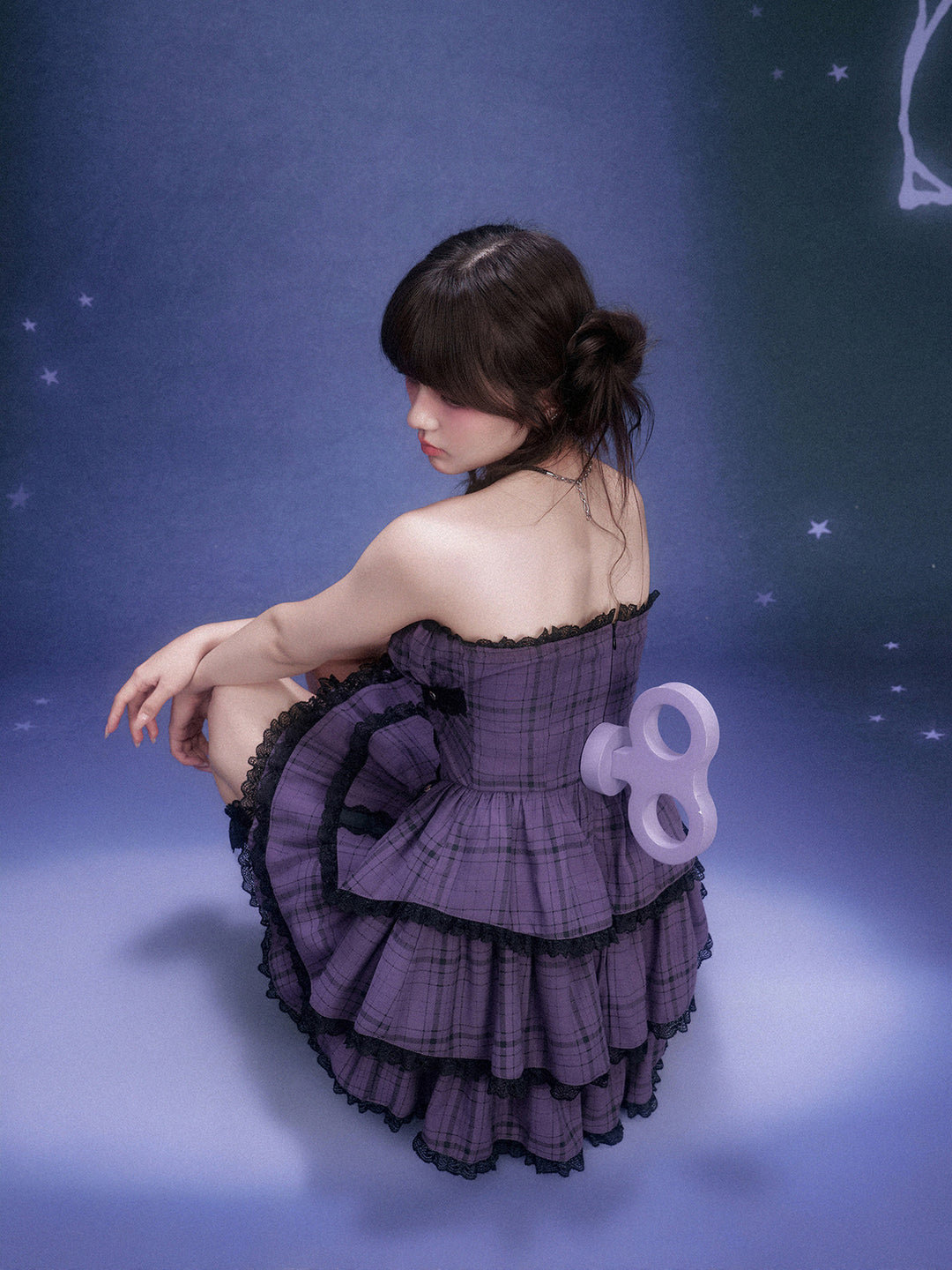 Purple Plaid Lace Tiered Mini Dress