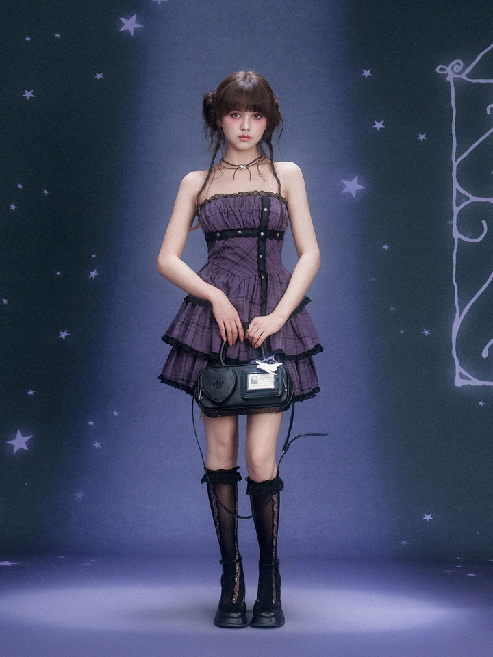 Purple Plaid Lace Tiered Mini Dress