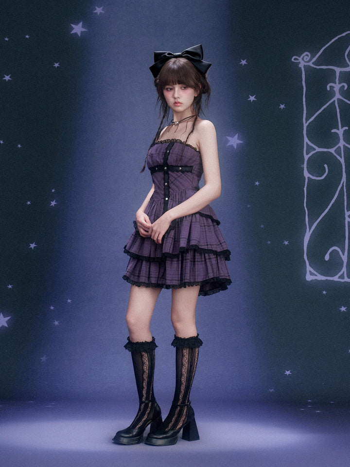 Purple Plaid Lace Tiered Mini Dress