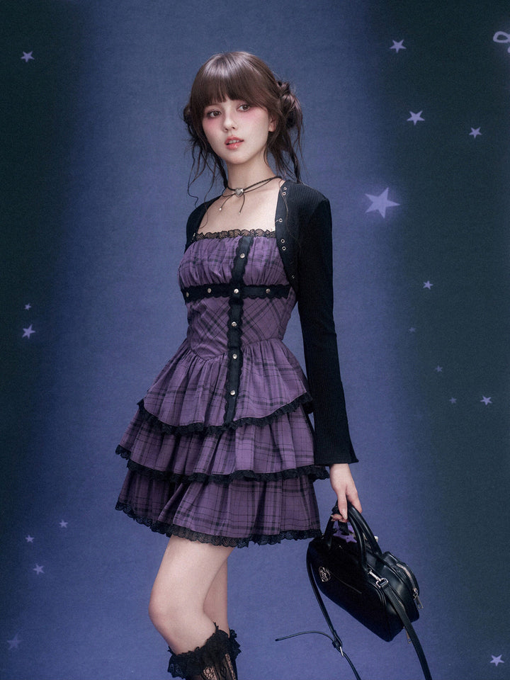 Purple Plaid Lace Tiered Mini Dress