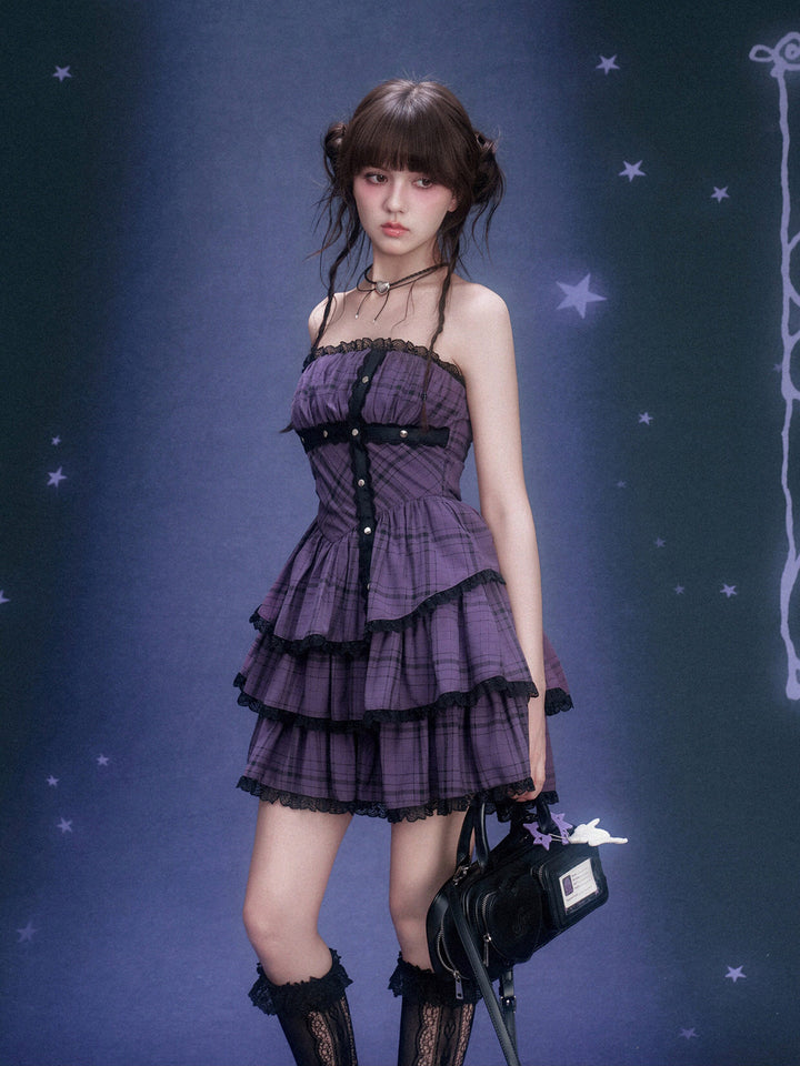 Purple Plaid Lace Tiered Mini Dress
