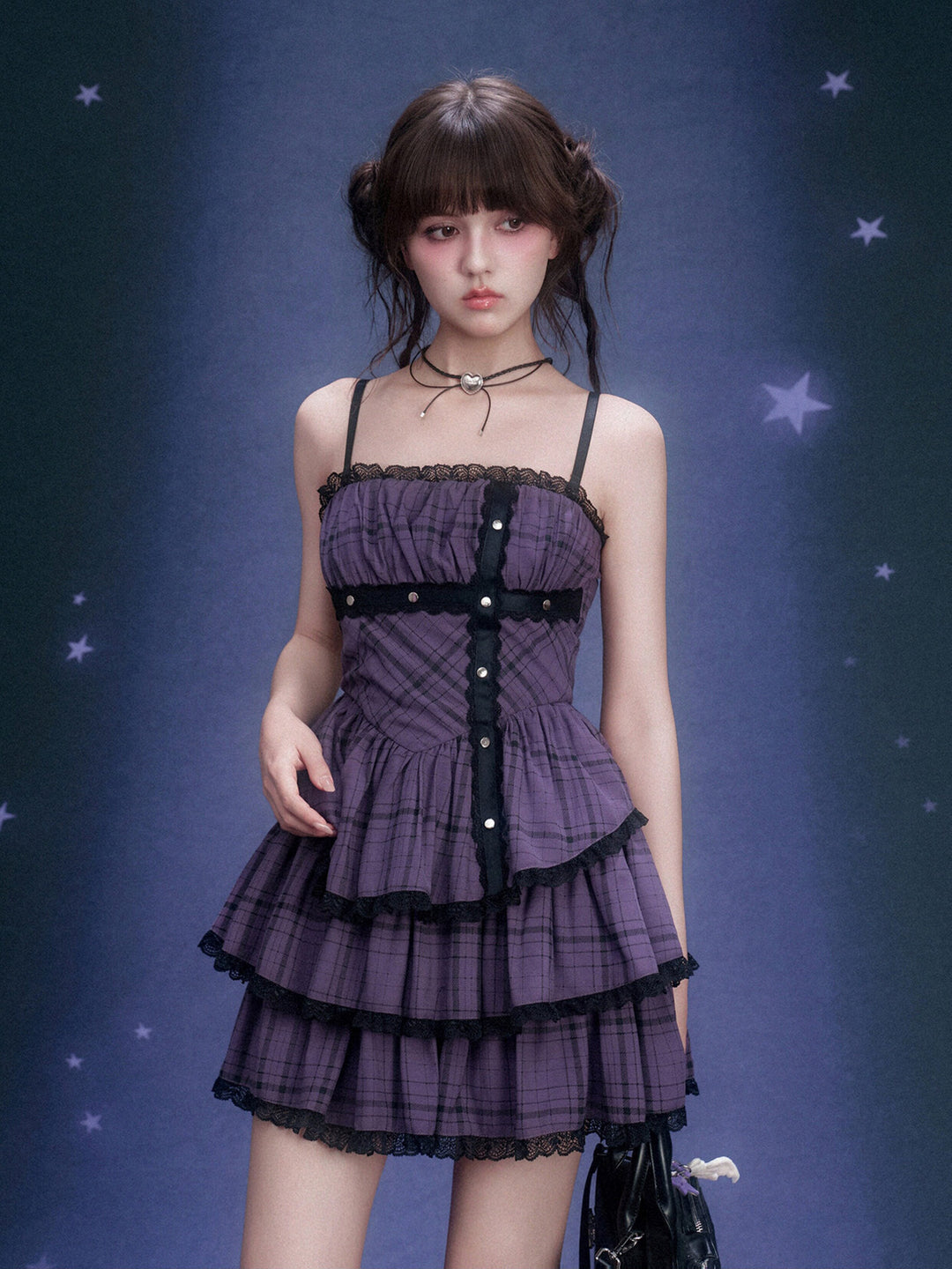 Purple Plaid Lace Tiered Mini Dress