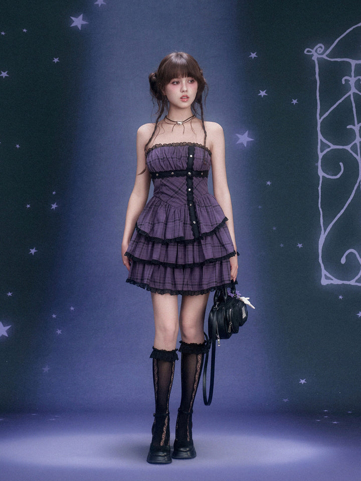 Purple Plaid Lace Tiered Mini Dress