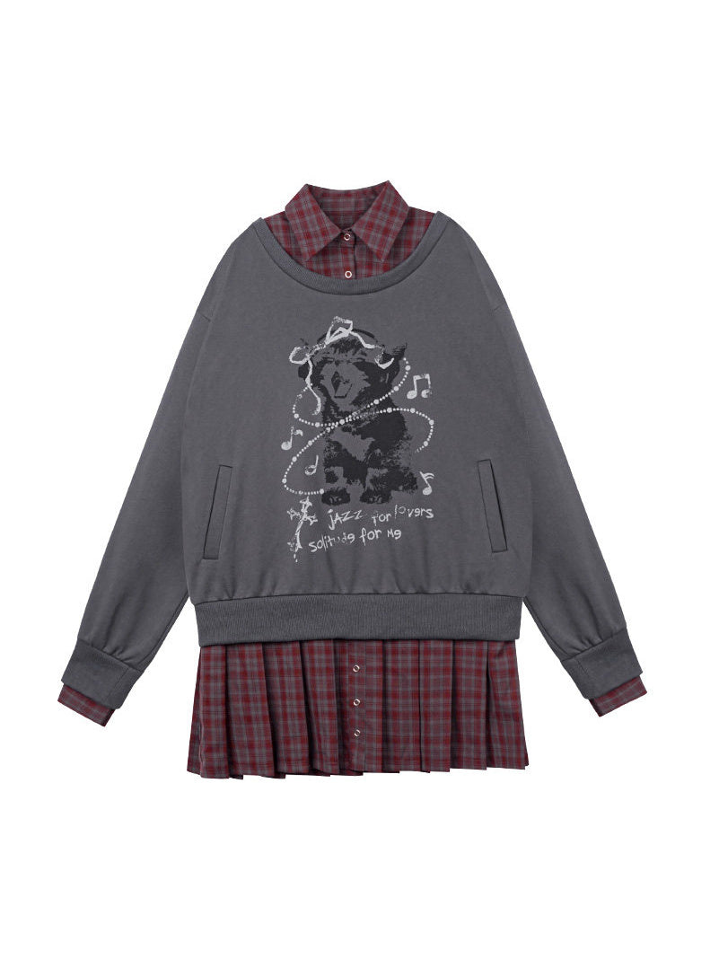 Plaid Layered Teddy Graphic Sweatshirt Dress