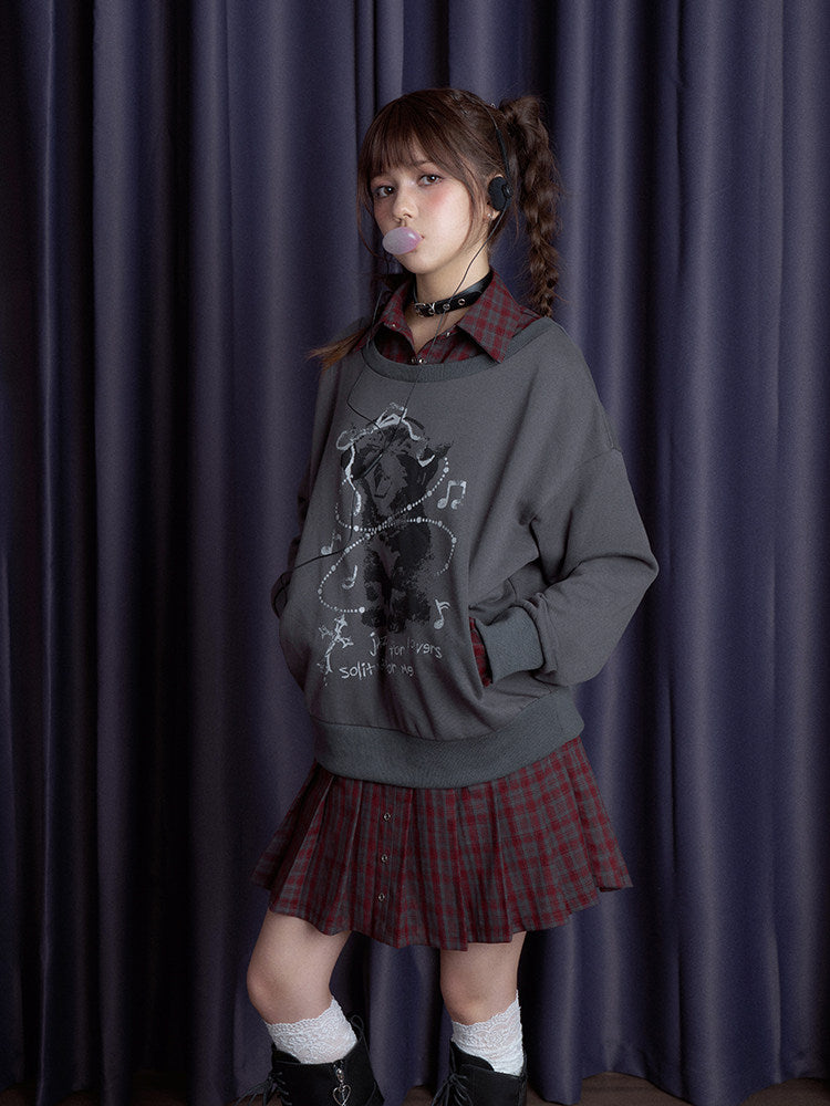 Plaid Layered Teddy Graphic Sweatshirt Dress