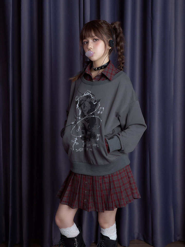 Plaid Layered Teddy Graphic Sweatshirt Dress
