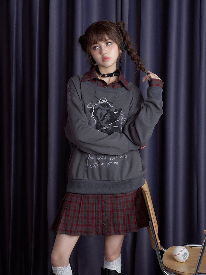 Plaid Layered Teddy Graphic Sweatshirt Dress