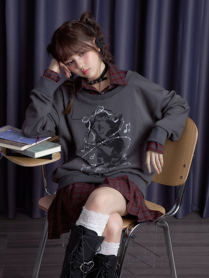 Plaid Layered Teddy Graphic Sweatshirt Dress