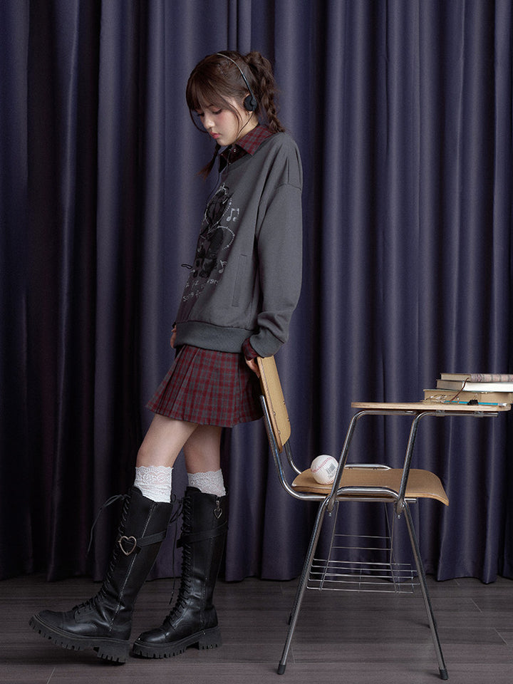 Plaid Layered Teddy Graphic Sweatshirt Dress