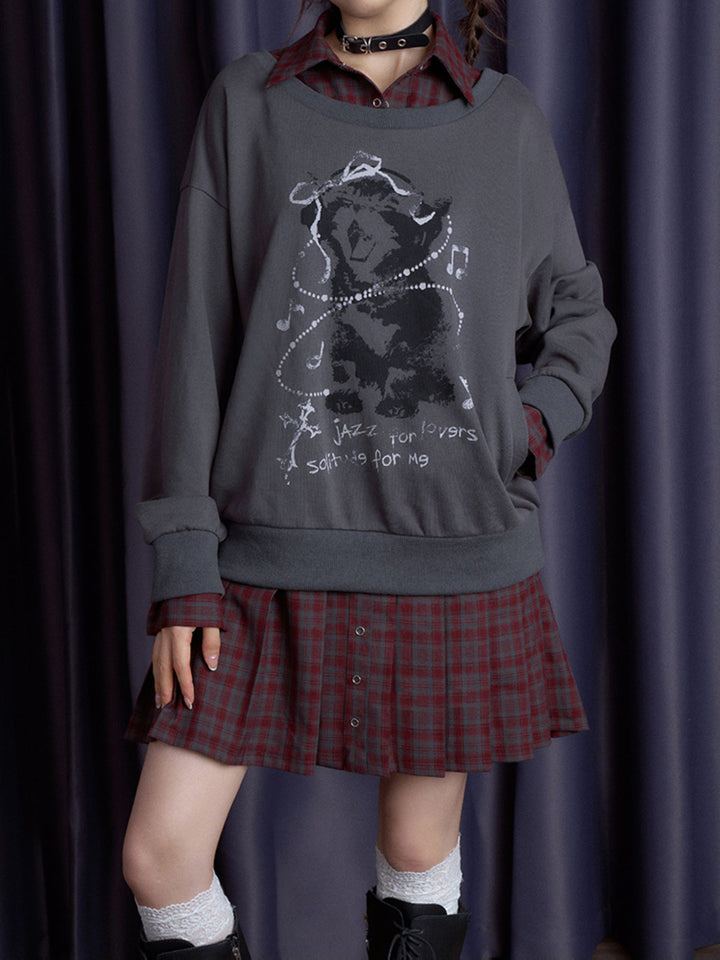 Plaid Layered Teddy Graphic Sweatshirt Dress