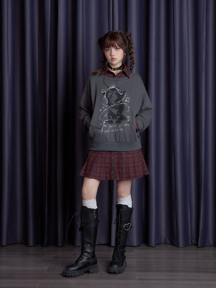 Plaid Layered Teddy Graphic Sweatshirt Dress