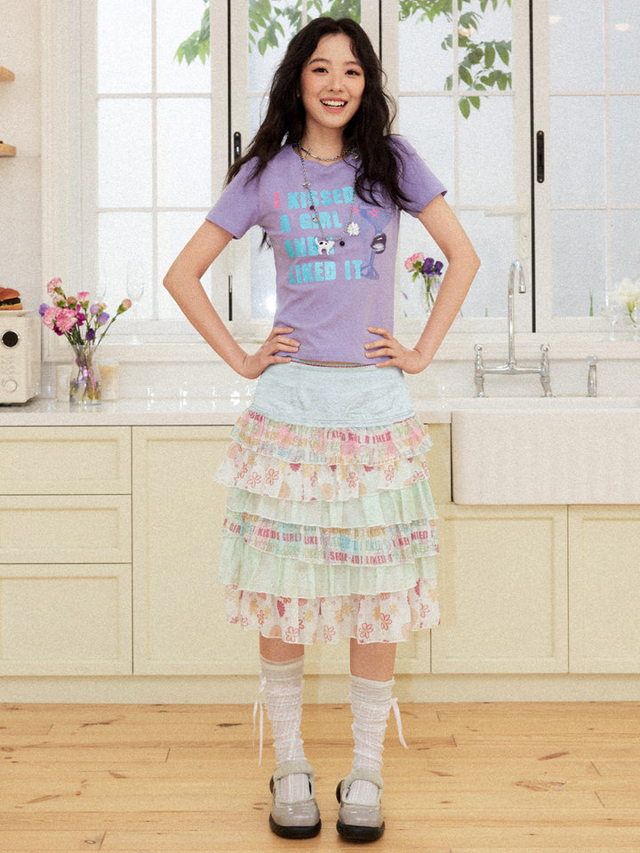 Fairy Kei Layered Floral Ruffle Mini Skirt