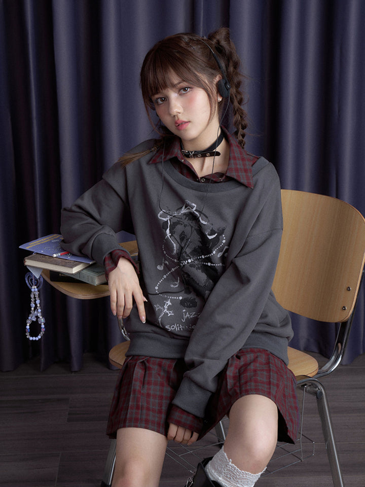 Plaid Layered Teddy Graphic Sweatshirt Dress