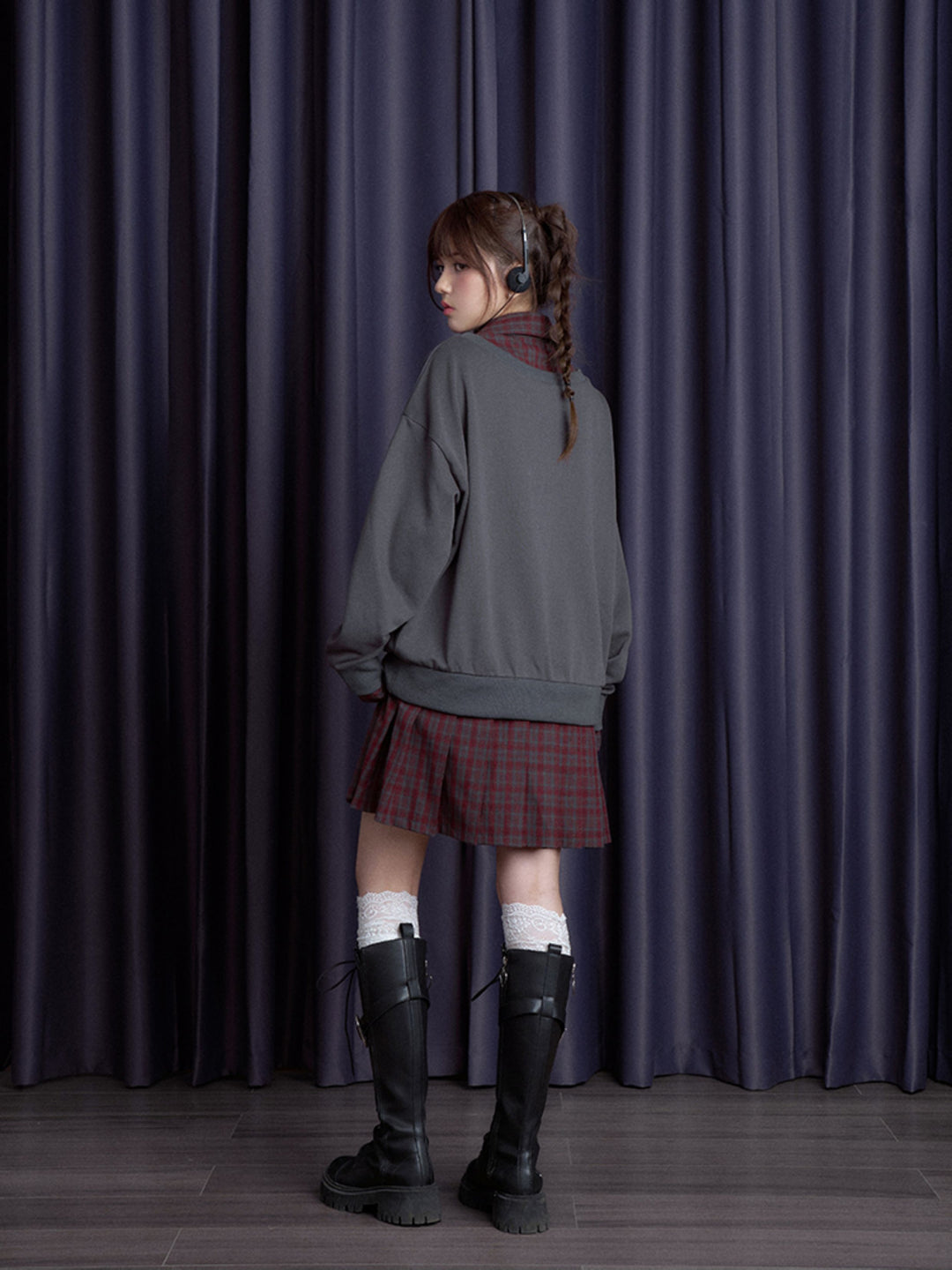 Plaid Layered Teddy Graphic Sweatshirt Dress