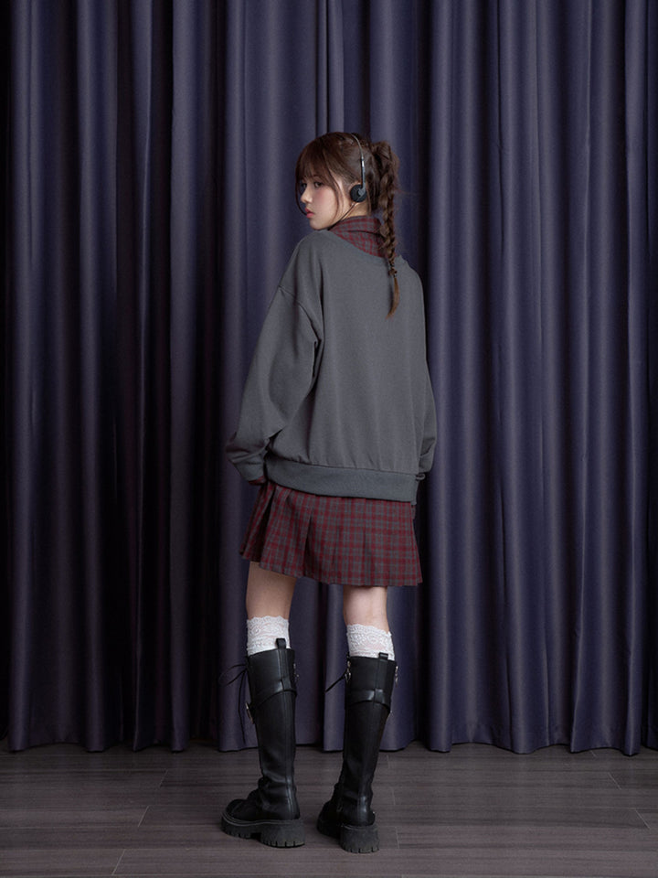Plaid Layered Teddy Graphic Sweatshirt Dress