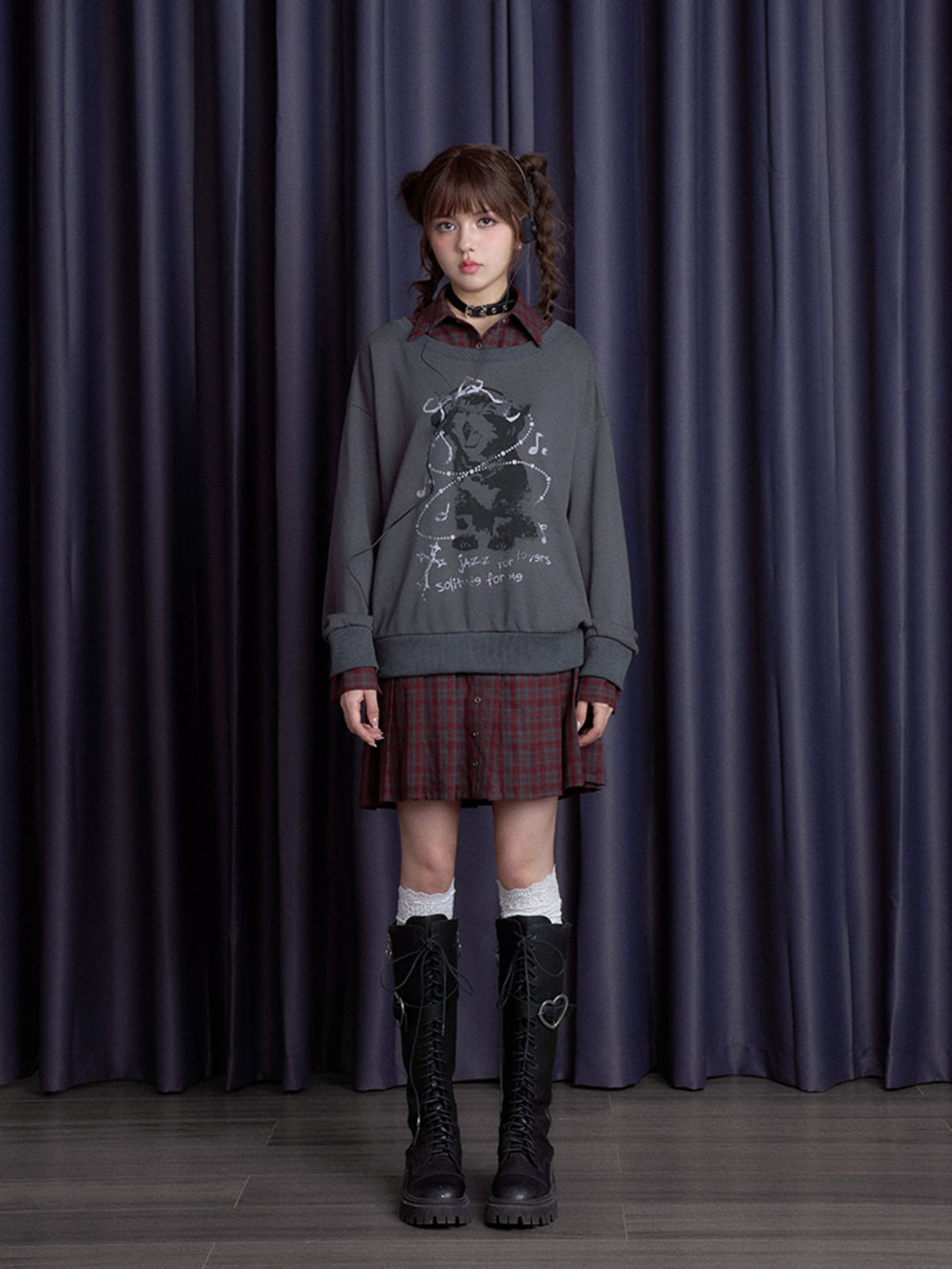 Plaid Layered Teddy Graphic Sweatshirt Dress
