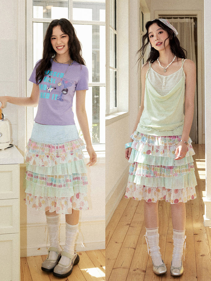 Fairy Kei Layered Floral Ruffle Mini Skirt