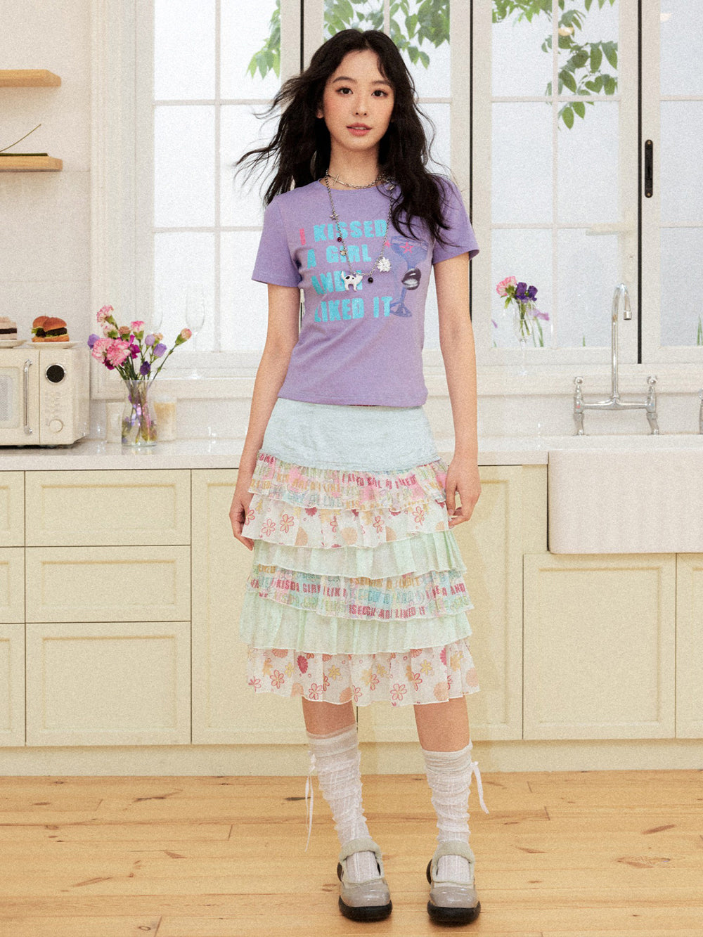 Fairy Kei Layered Floral Ruffle Mini Skirt