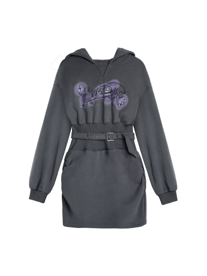 Airbrush Graphic Belted Hoodie Mini Dress