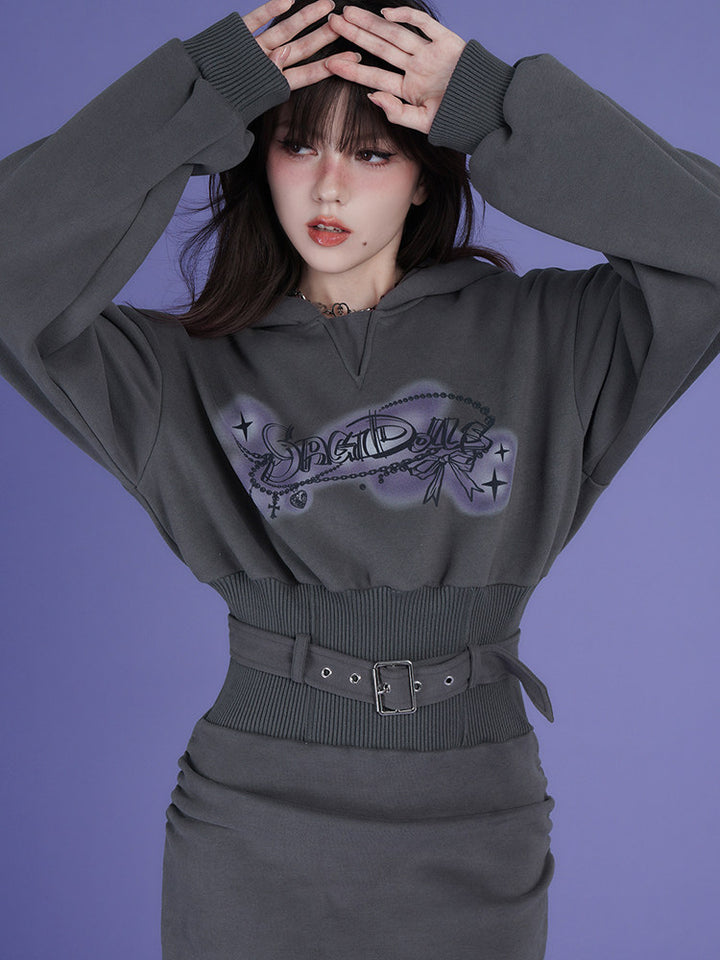 Airbrush Graphic Belted Hoodie Mini Dress