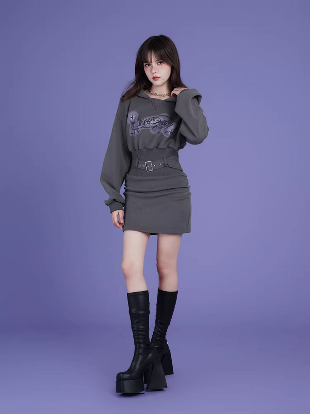 Airbrush Graphic Belted Hoodie Mini Dress