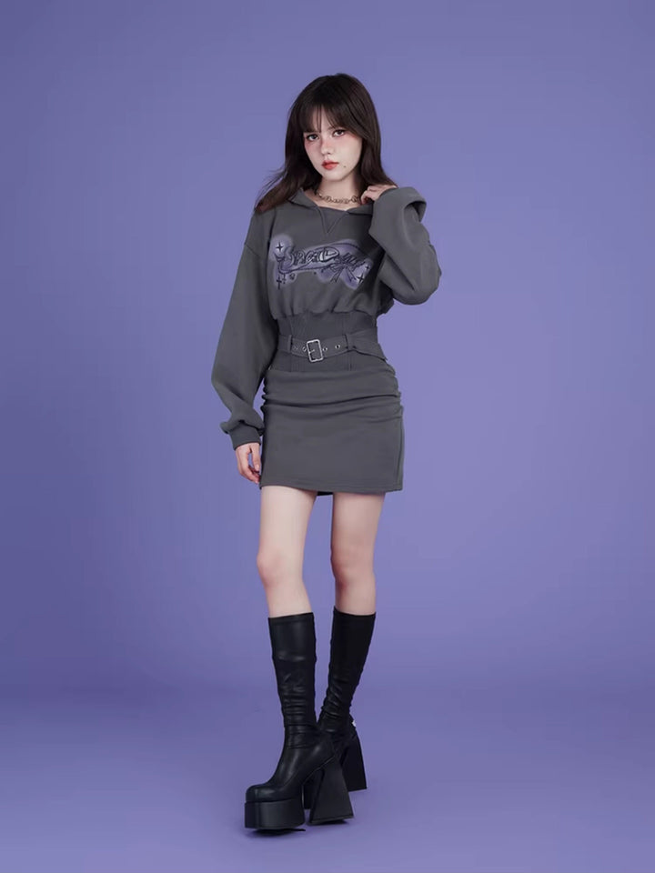 Airbrush Graphic Belted Hoodie Mini Dress