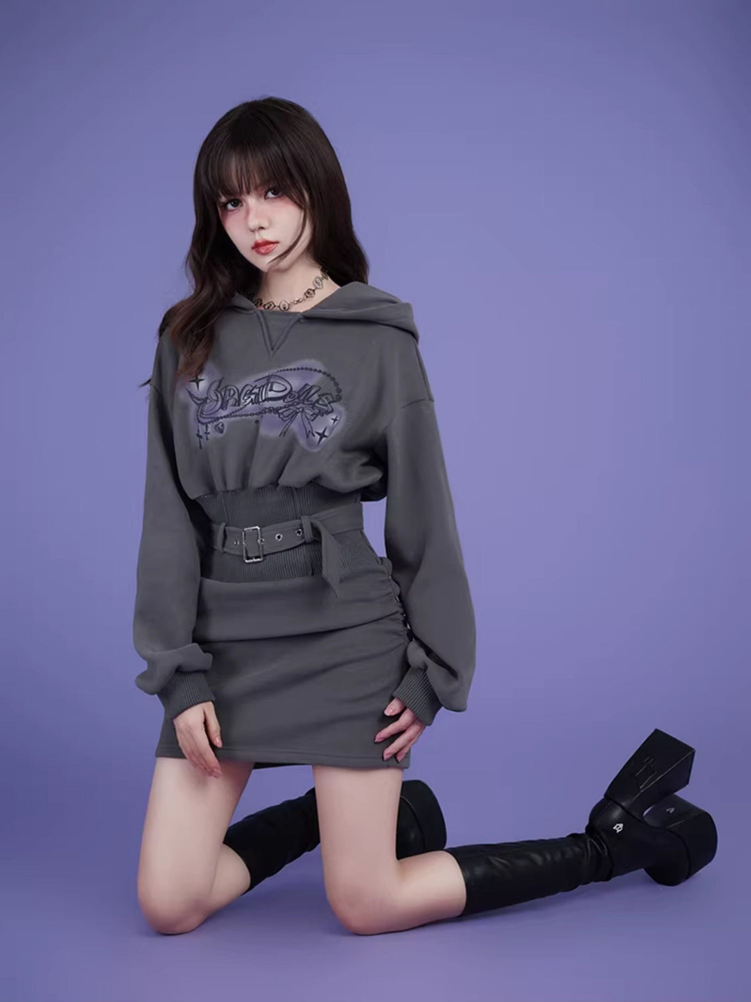 Airbrush Graphic Belted Hoodie Mini Dress