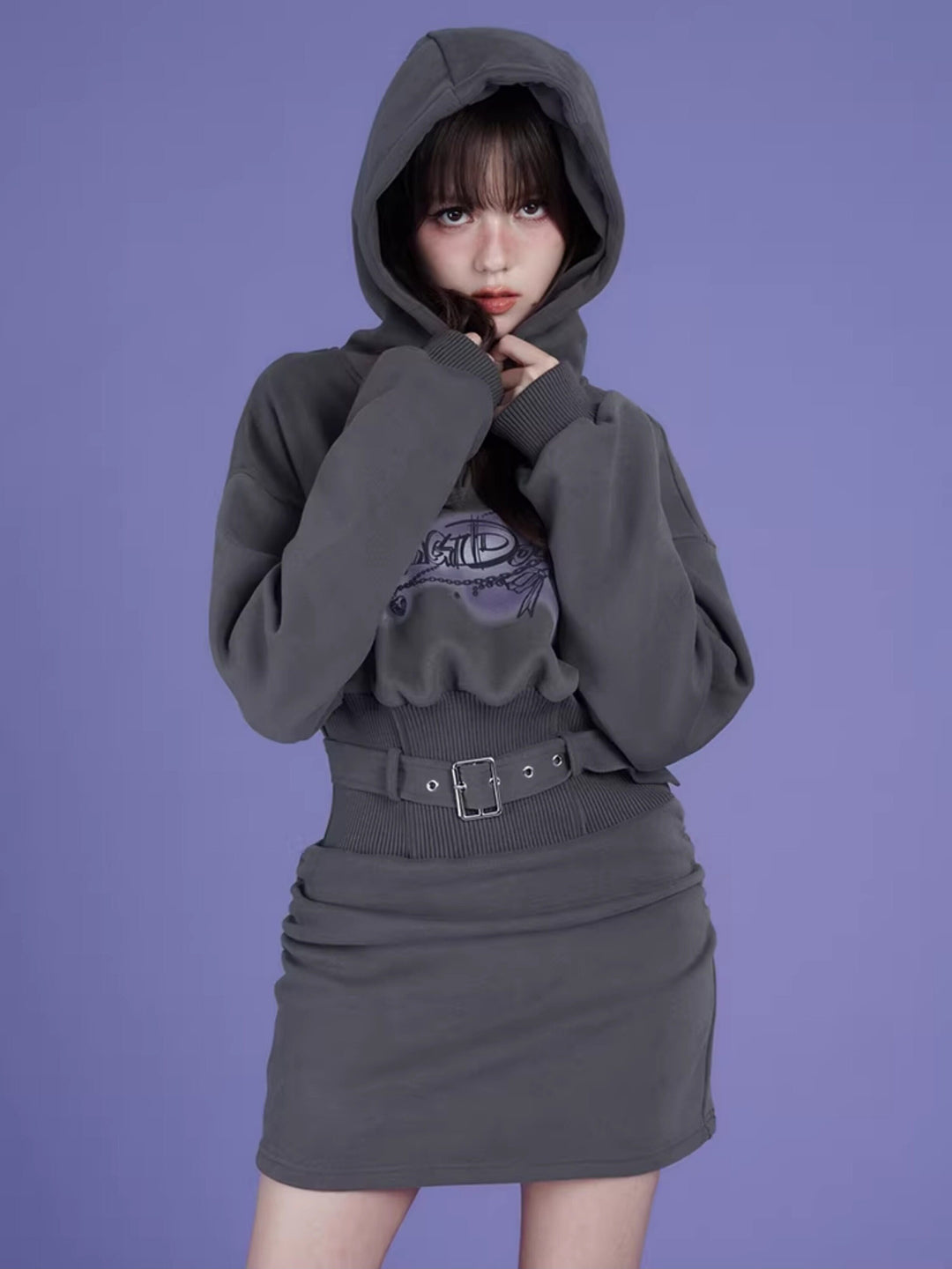 Airbrush Graphic Belted Hoodie Mini Dress