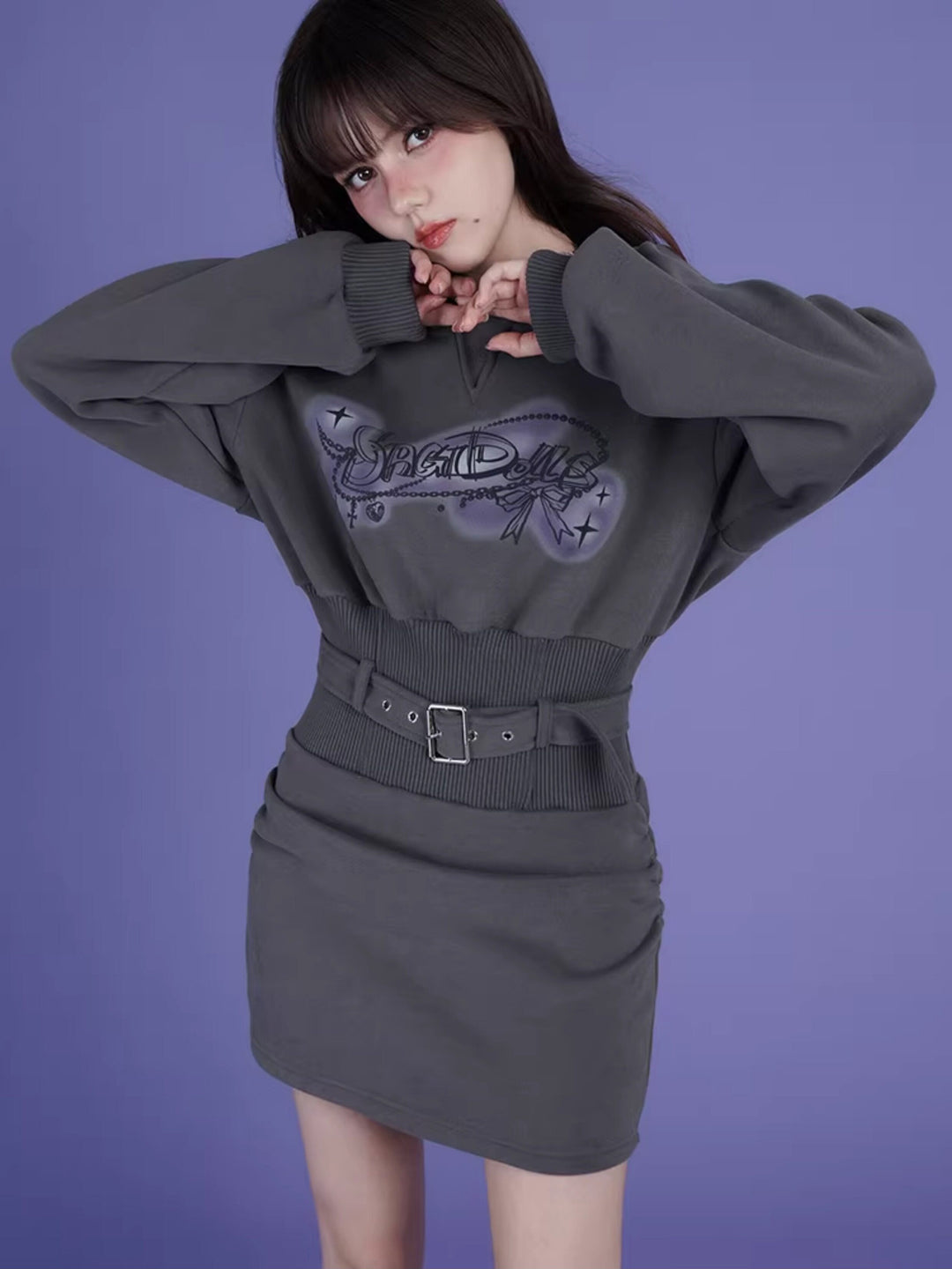 Airbrush Graphic Belted Hoodie Mini Dress