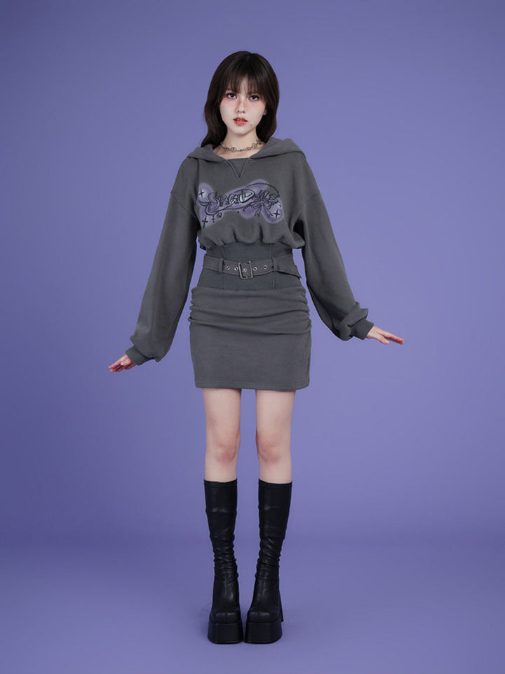Airbrush Graphic Belted Hoodie Mini Dress