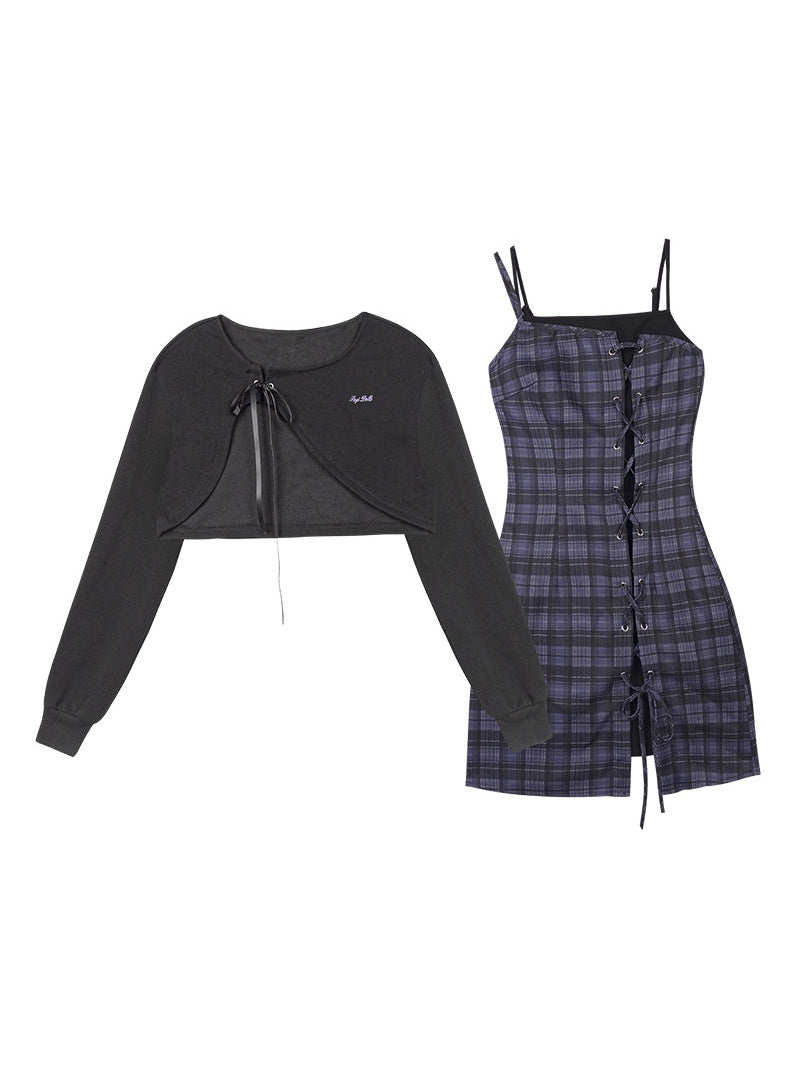 Lace-Up Plaid Mini Dress Set