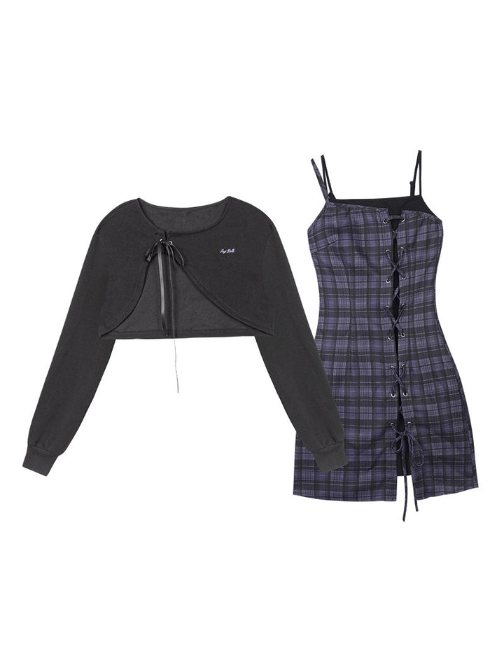 Lace-Up Plaid Mini Dress Set