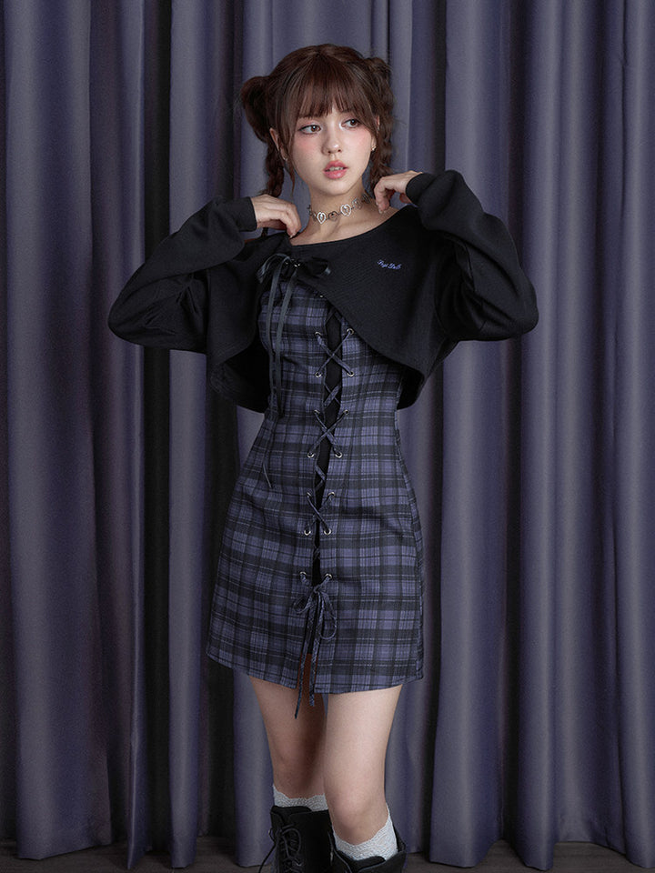 Lace-Up Plaid Mini Dress Set