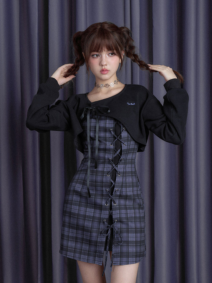 Lace-Up Plaid Mini Dress Set