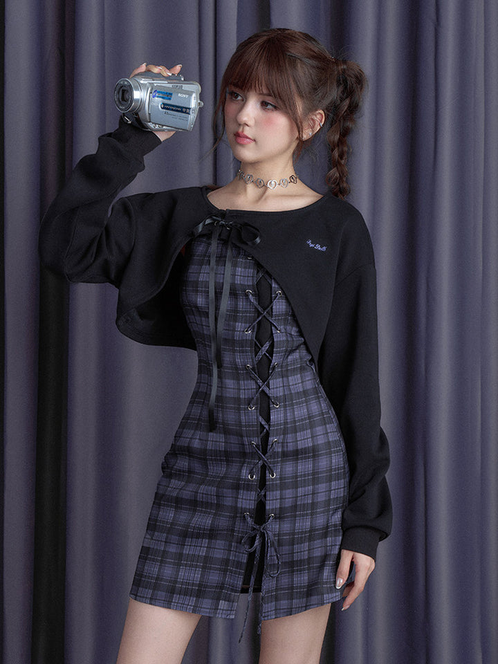 Lace-Up Plaid Mini Dress Set