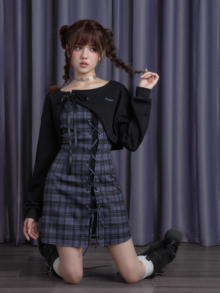Lace-Up Plaid Mini Dress Set