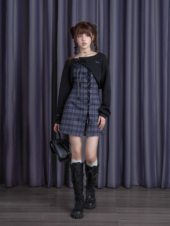 Lace-Up Plaid Mini Dress Set