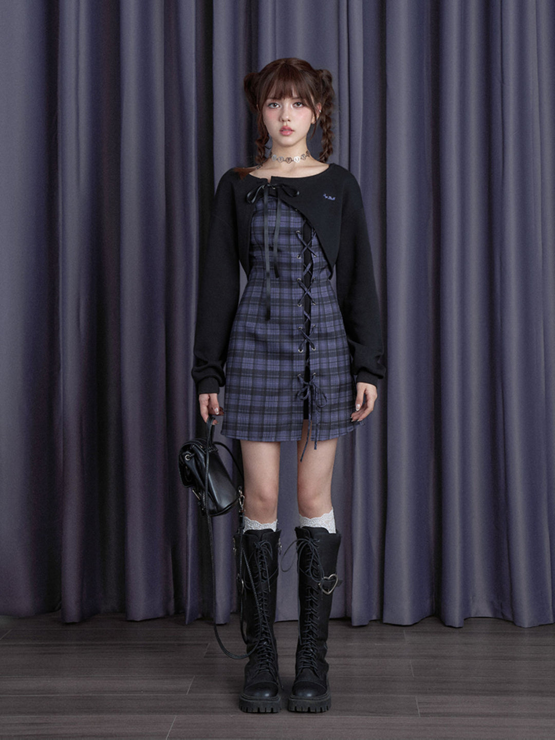 Lace-Up Plaid Mini Dress Set