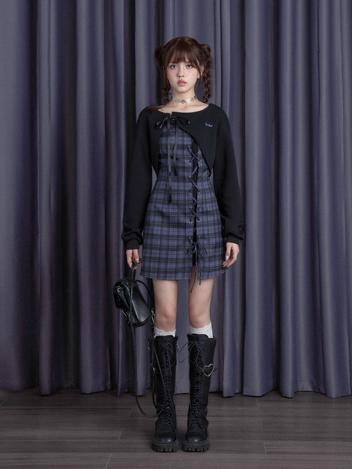 Lace-Up Plaid Mini Dress Set