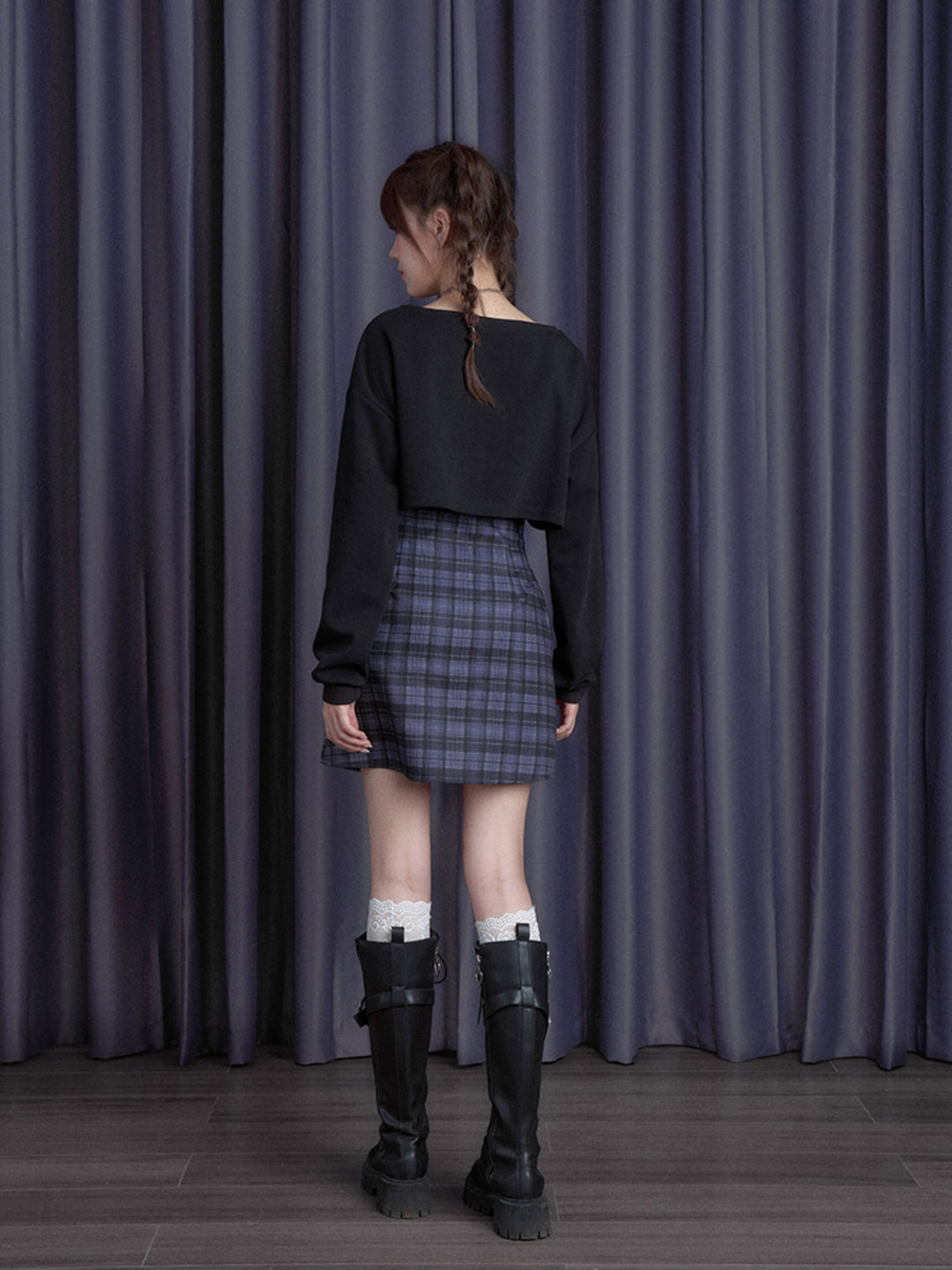 Lace-Up Plaid Mini Dress Set