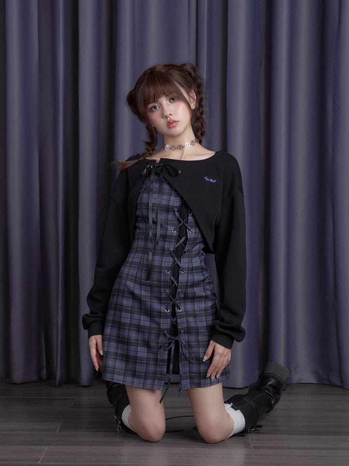 Lace-Up Plaid Mini Dress Set