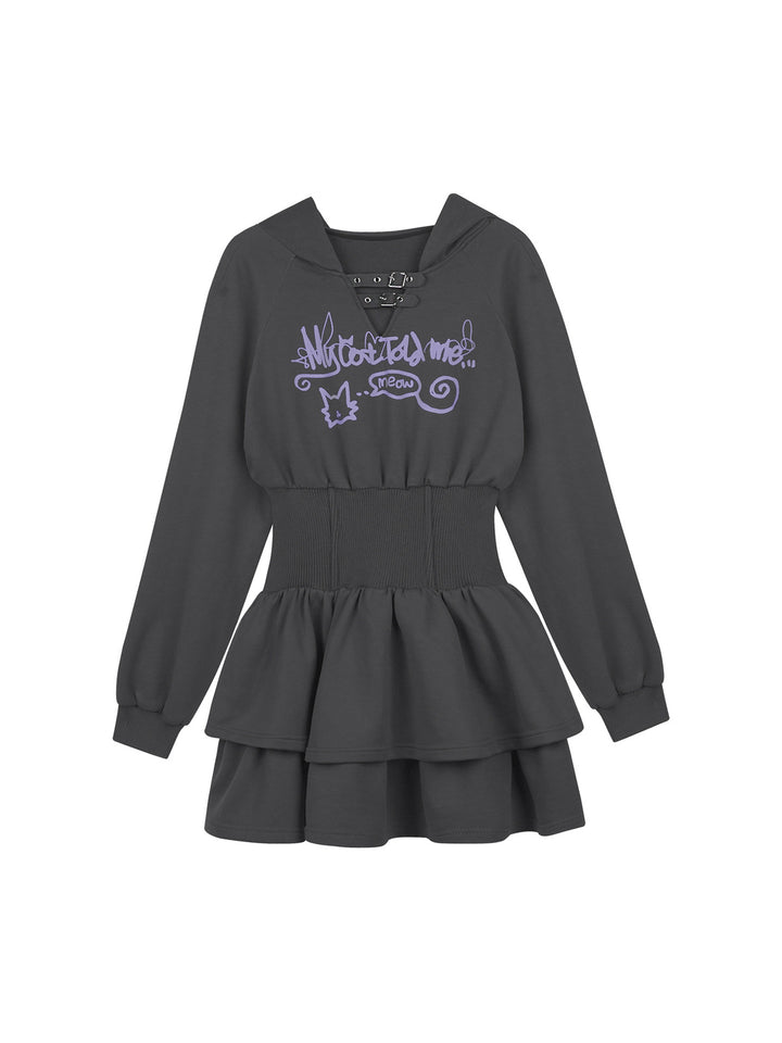 Cat Graphic Cinched Waist Hoodie Dress