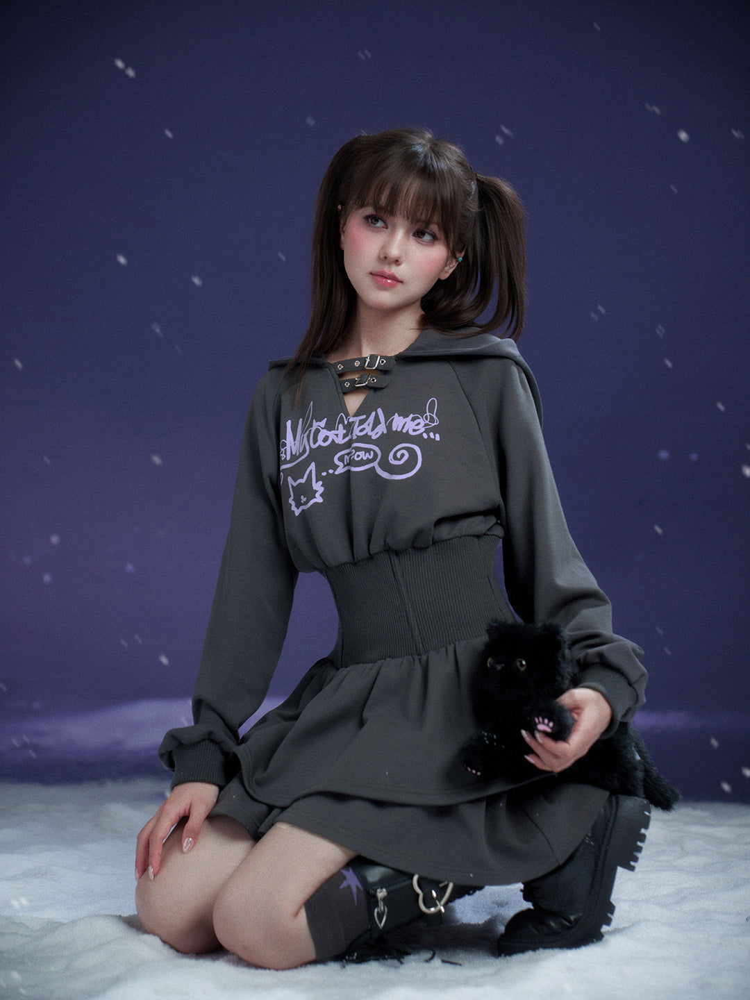 Cat Graphic Cinched Waist Hoodie Dress