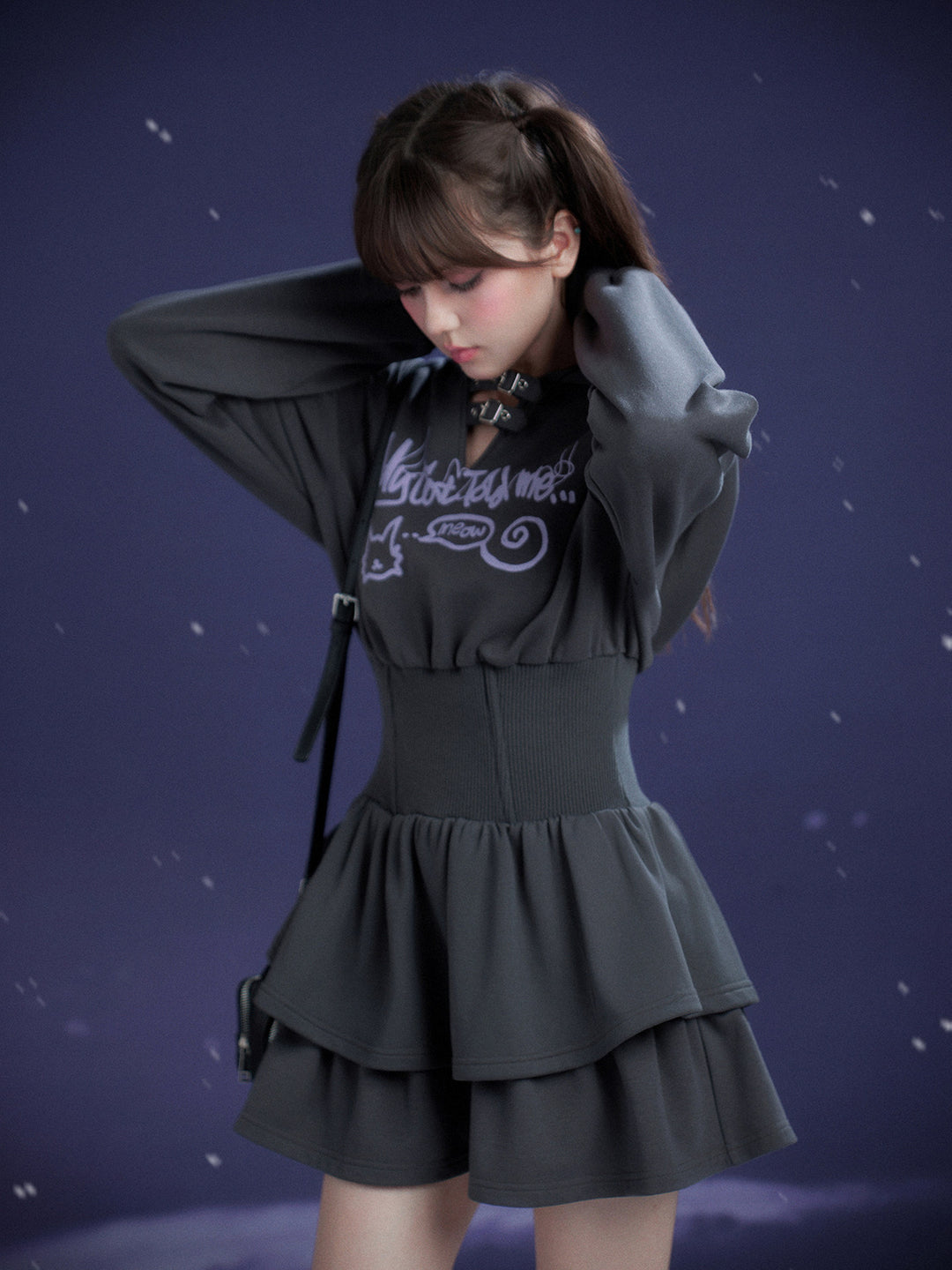 Cat Graphic Cinched Waist Hoodie Dress