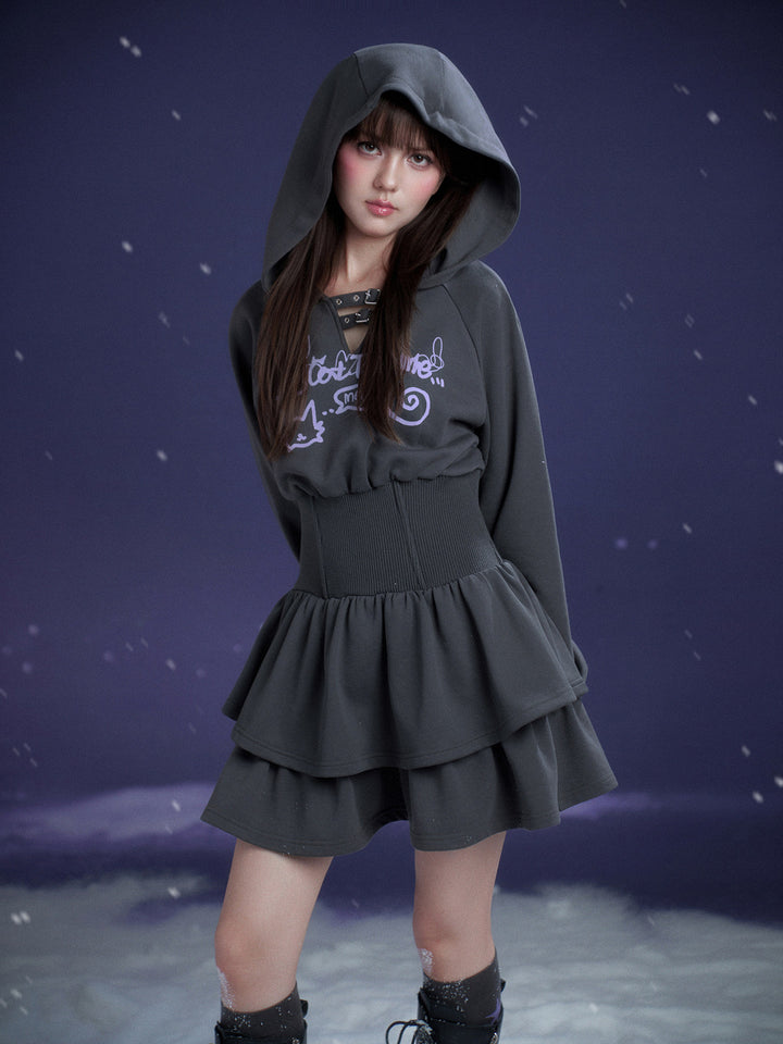 Cat Graphic Cinched Waist Hoodie Dress