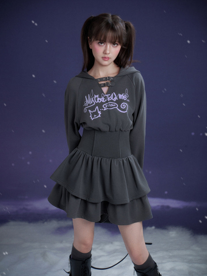 Cat Graphic Cinched Waist Hoodie Dress