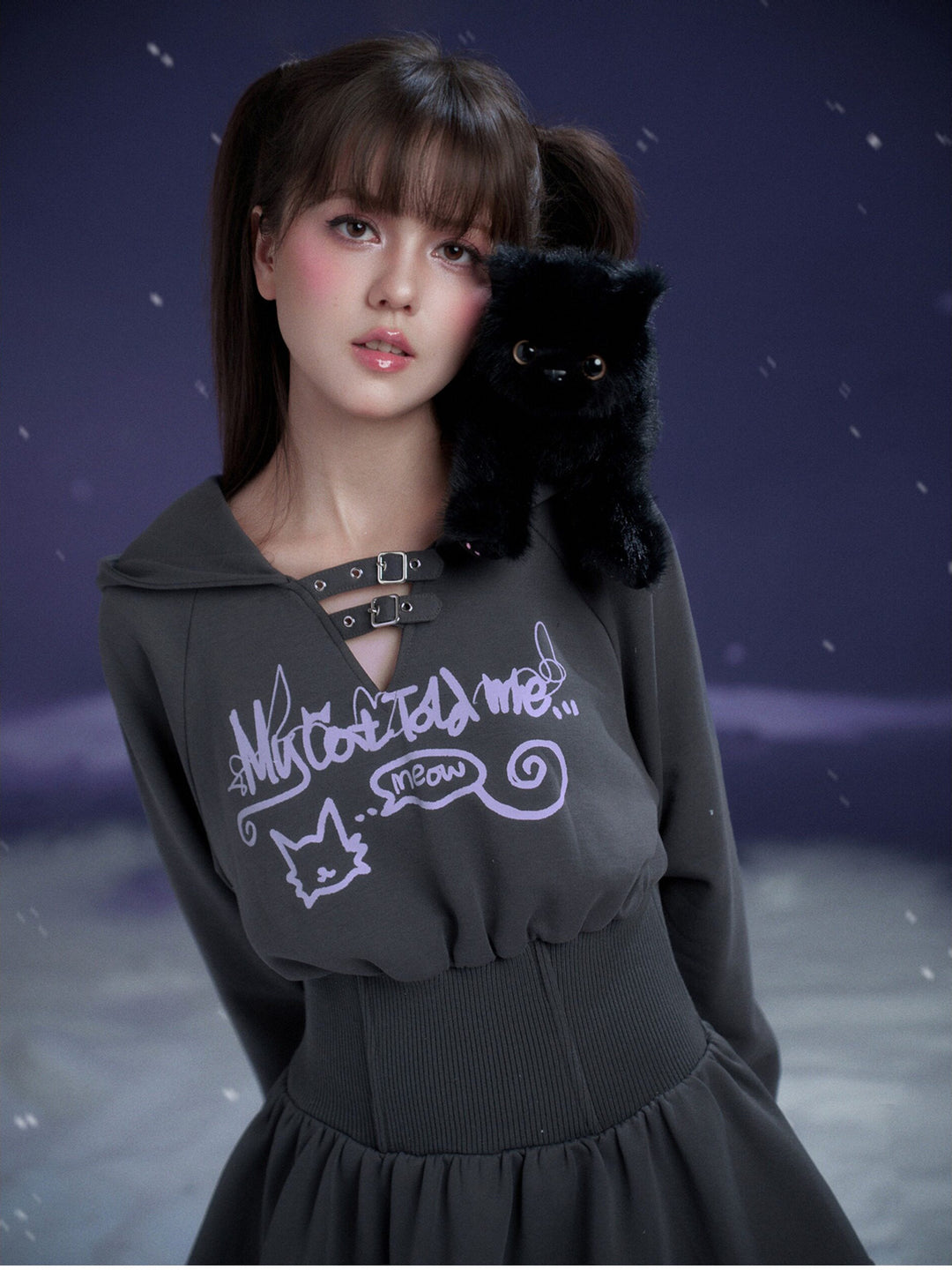 Cat Graphic Cinched Waist Hoodie Dress