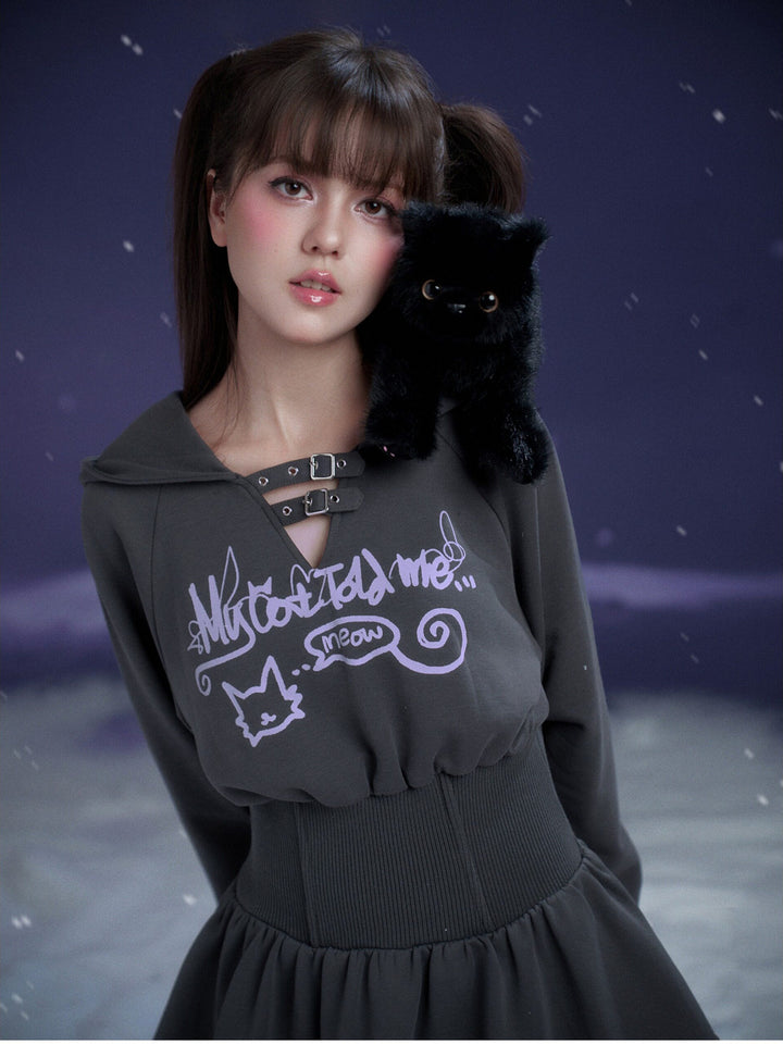 Cat Graphic Cinched Waist Hoodie Dress