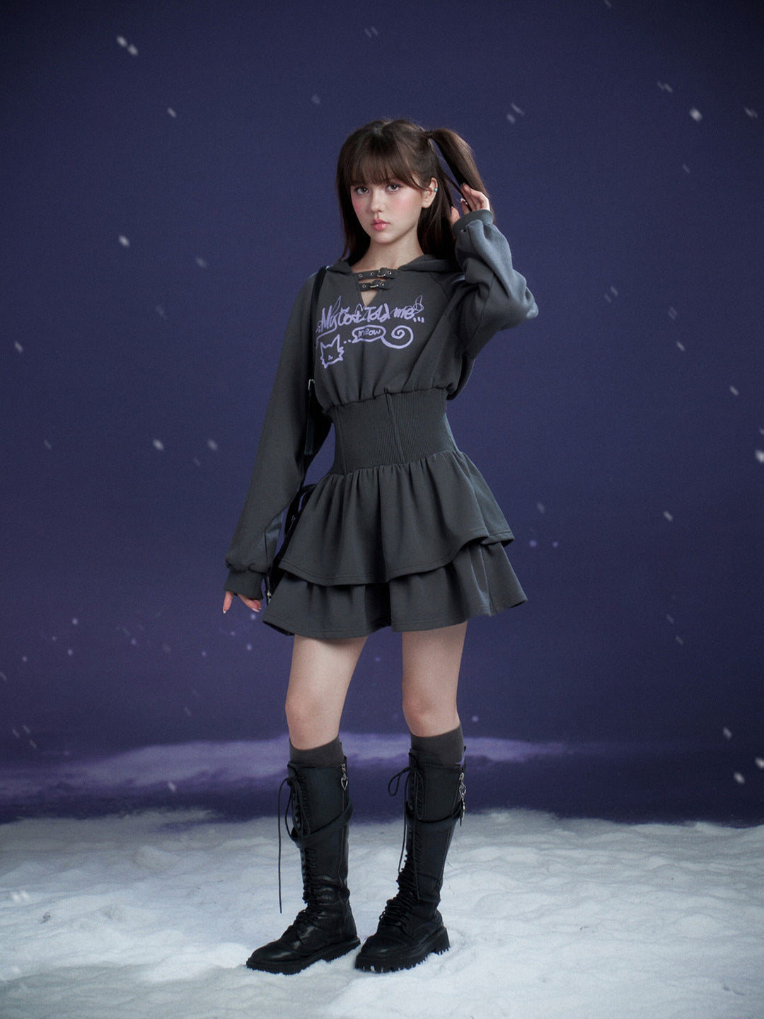 Cat Graphic Cinched Waist Hoodie Dress