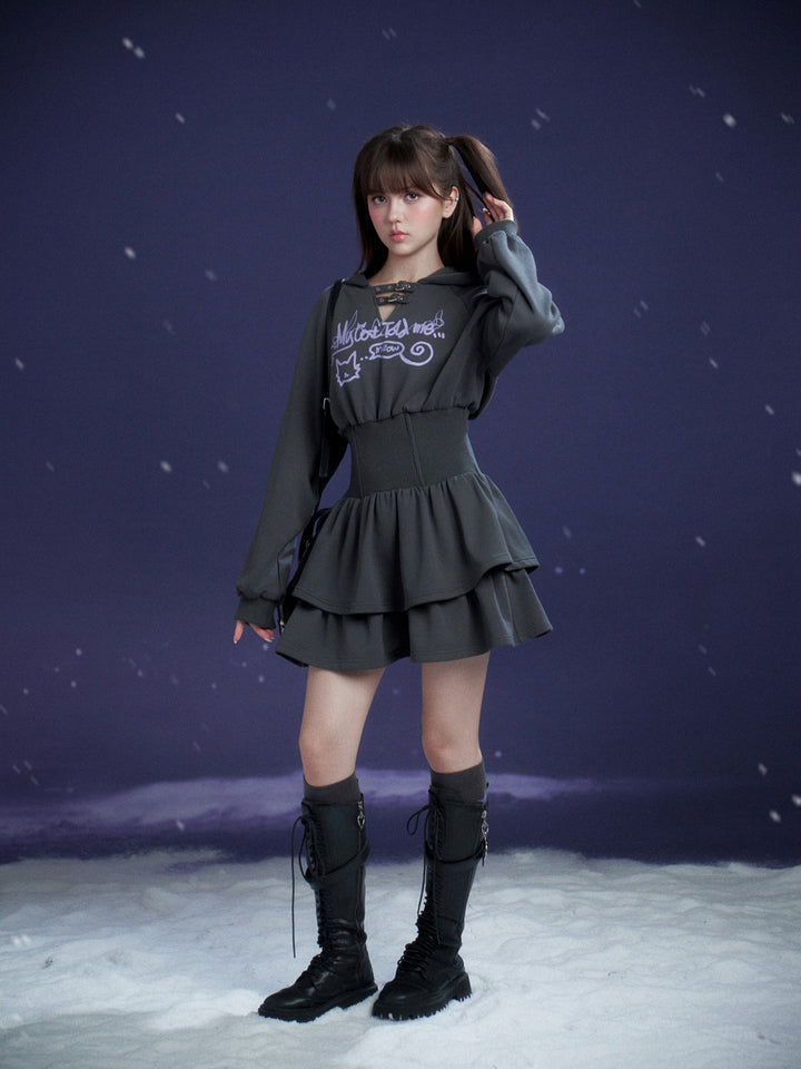 Cat Graphic Cinched Waist Hoodie Dress